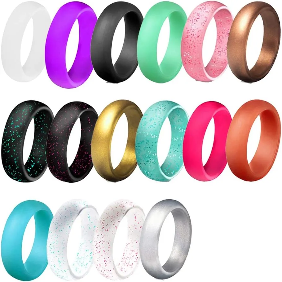 Couple Models 7Pcs Women Fashion Silicone Soft Shiny Glitter Finger Rings Party Jewelry Gift Black Green Glitter US 7