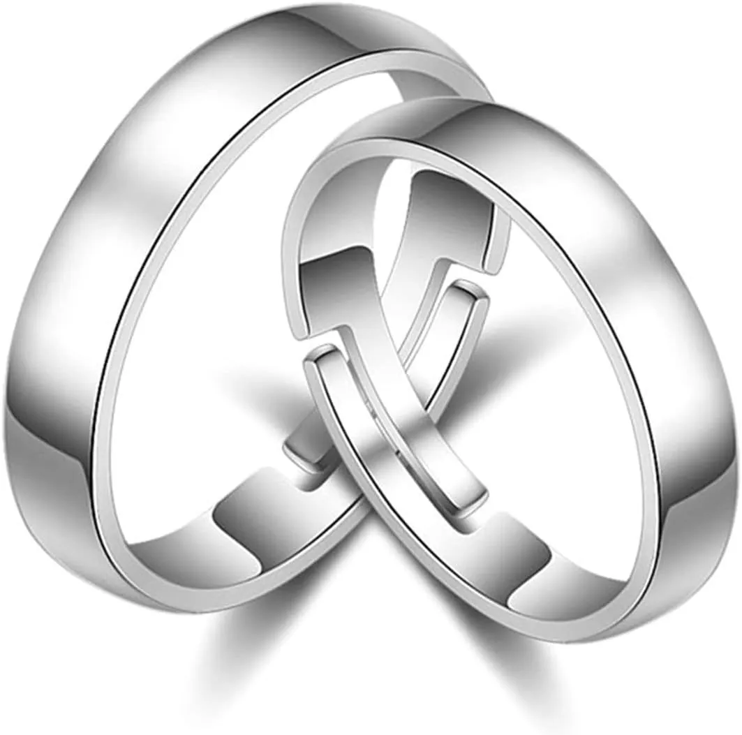Couple Promise Rings Set Adjustable, Couple Ring 925 Sterling Silver with Silver Polished Band Couple Adjustable Band Jewelry Gift