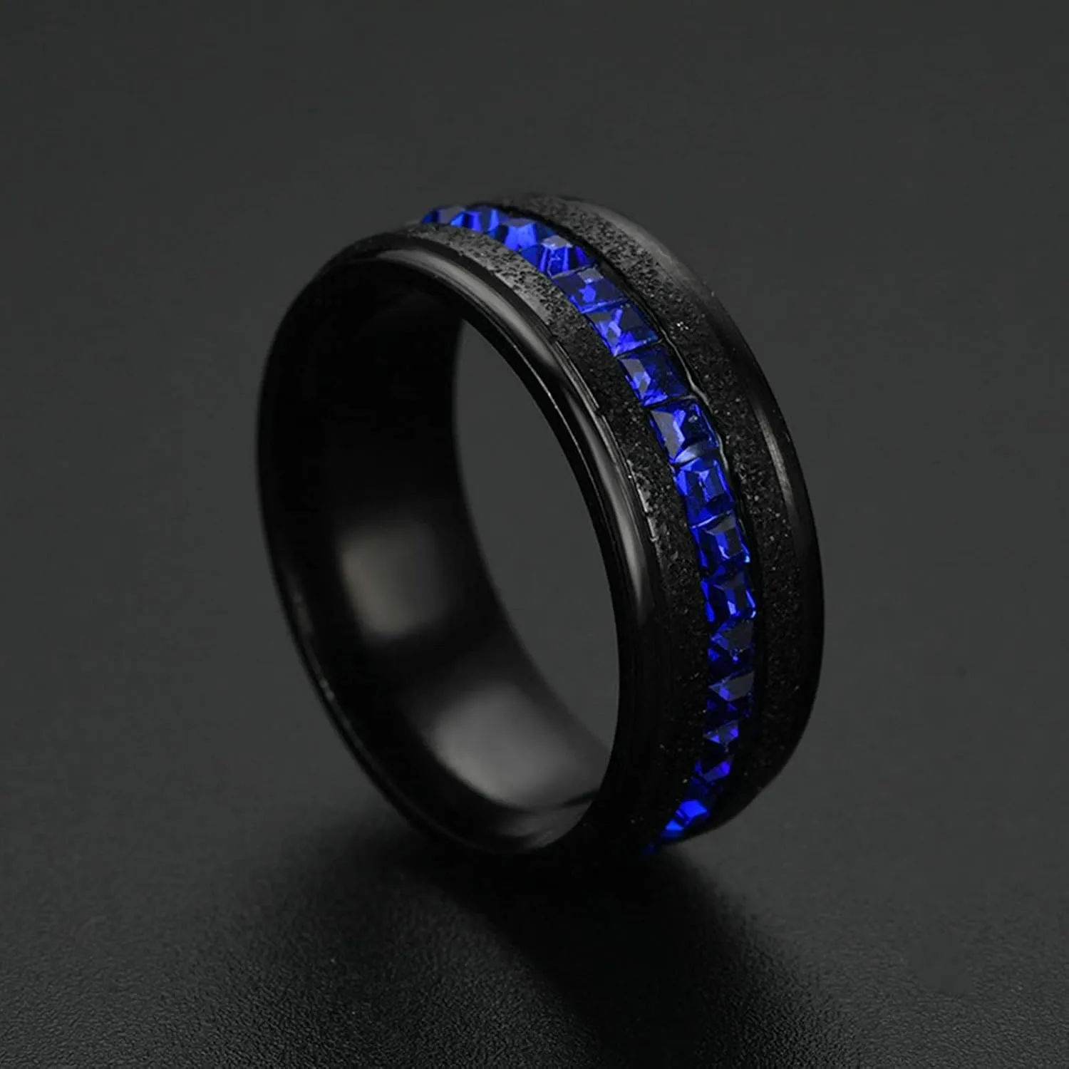 Couples Promise Rings Silver Black Ring Blue Shiny Cubic Zirconia Inlay, Blue Zircon Round Stainless Steel Couple Rings