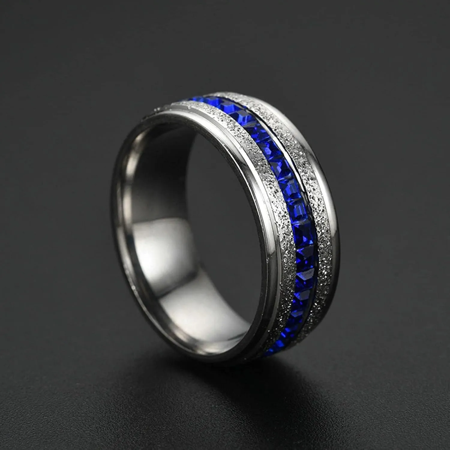 Couples Promise Rings Silver Black Ring Blue Shiny Cubic Zirconia Inlay, Blue Zircon Round Stainless Steel Couple Rings