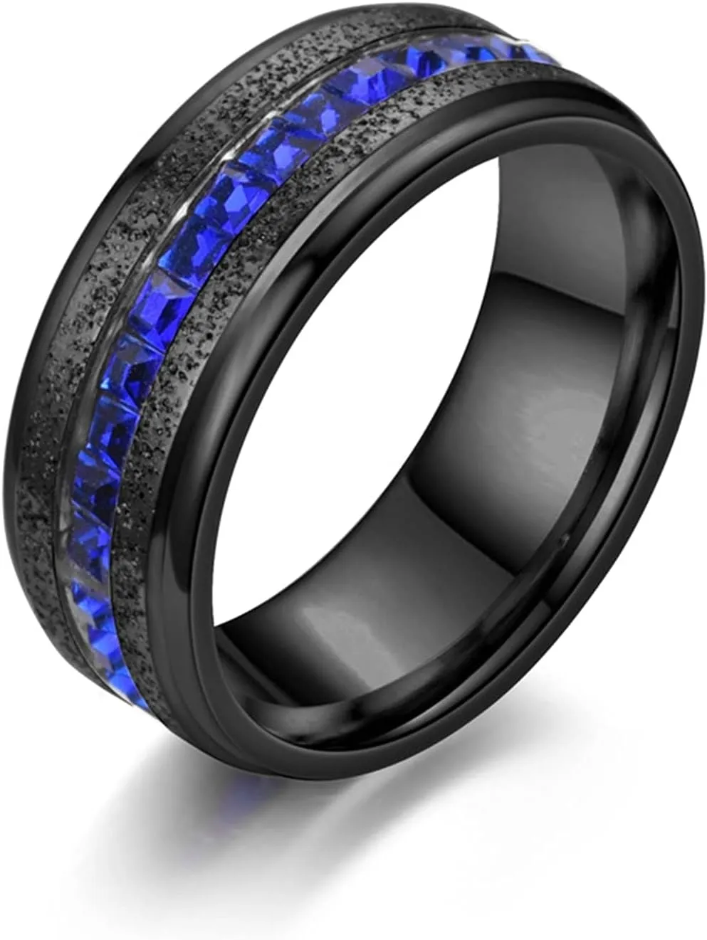 Couples Promise Rings Silver Black Ring Blue Shiny Cubic Zirconia Inlay, Blue Zircon Round Stainless Steel Couple Rings