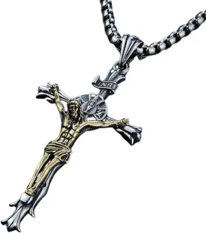 Cross Crucifix Pendant Necklace for Men, Catholic Jesus Christ Cross Necklace Stainless Steel Jesus Cross Religious Necklace