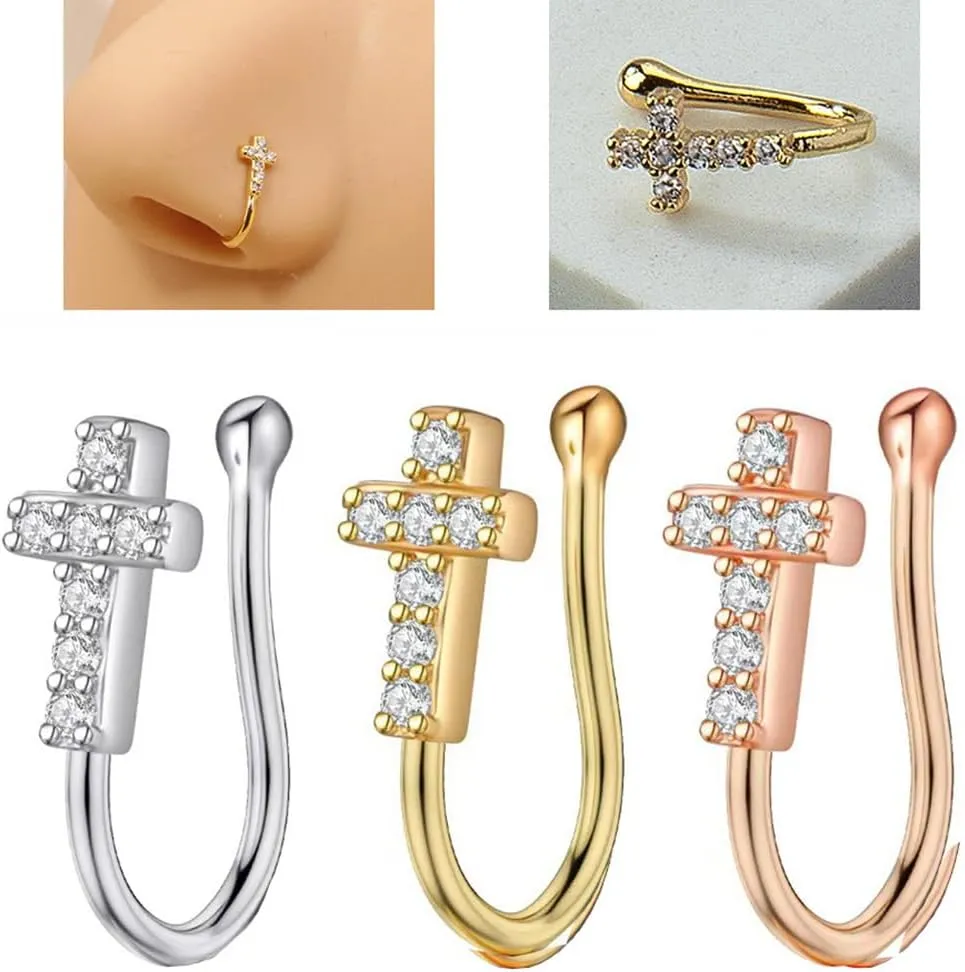 Cross Fake Nose Ring for Women Girls Stainless Steel Non-Piercing Nose Cuffs Adjustable CZ Clip On Nose Rings Fake Nose Jewelry
