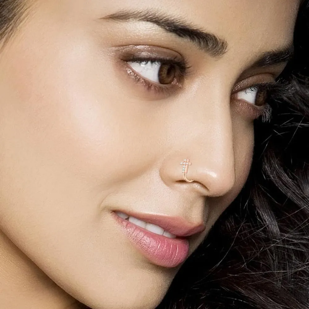 Cross Fake Nose Ring for Women Girls Stainless Steel Non-Piercing Nose Cuffs Adjustable CZ Clip On Nose Rings Fake Nose Jewelry