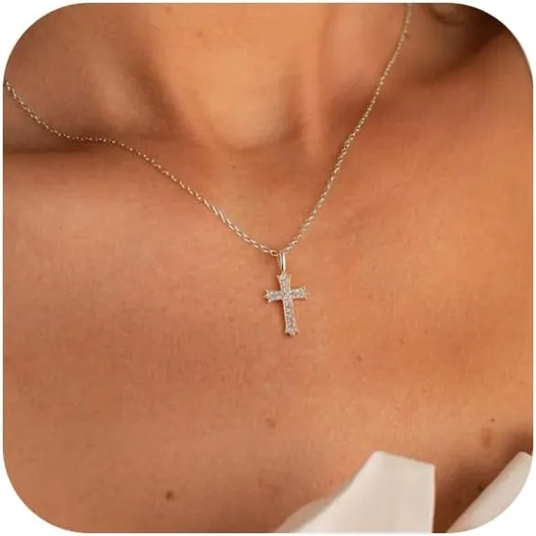 Cross Necklace 14K Gold Silver Plated Double Cross Pendant Necklace Dainty Trendy Diamond Cross Charm Link Chain Choker Delicate Faith Jewelry Religious Gifts for Women