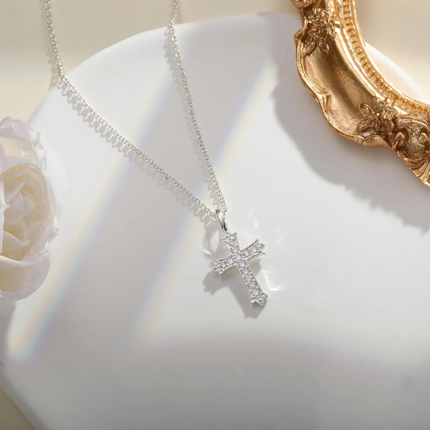 Cross Necklace 14K Gold Silver Plated Double Cross Pendant Necklace Dainty Trendy Diamond Cross Charm Link Chain Choker Delicate Faith Jewelry Religious Gifts for Women