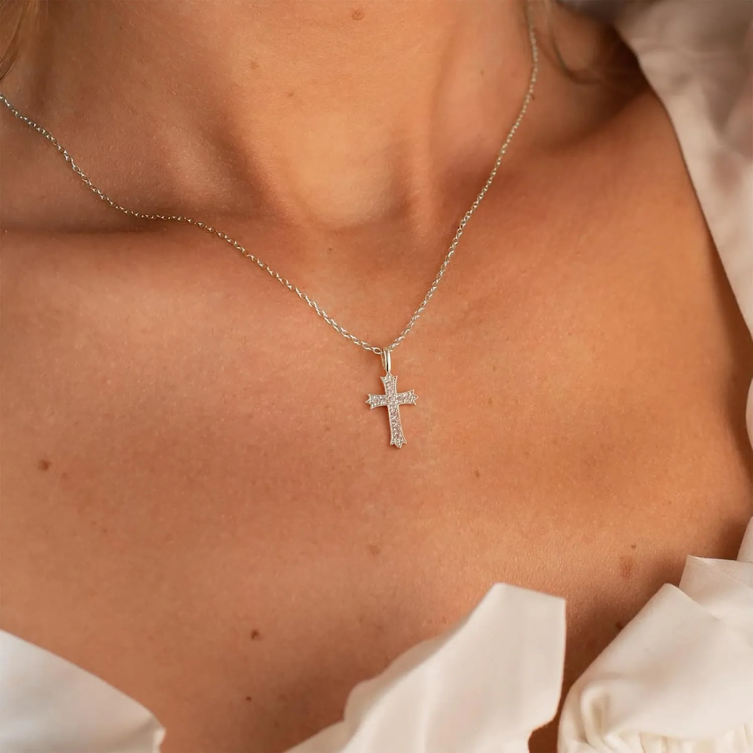 Cross Necklace 14K Gold Silver Plated Double Cross Pendant Necklace Dainty Trendy Diamond Cross Charm Link Chain Choker Delicate Faith Jewelry Religious Gifts for Women
