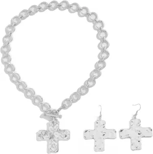 Cross Necklace and Earring sets for Women Chunky Gold Silver Choker Necklace Dangle Drop Cross Earrings Non Tarnish Paperclip Link Chain Statement Jewelry