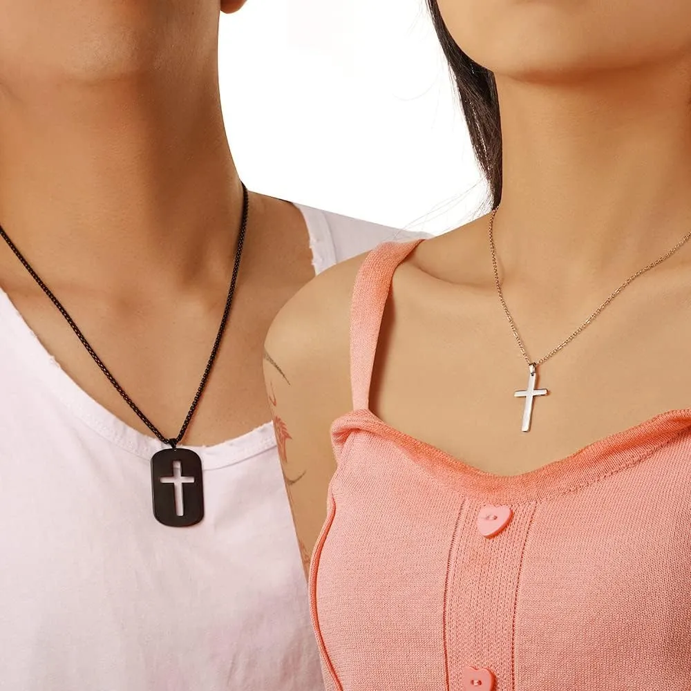 Cross Necklace For Couples Silver Black Stainless Steel Pendant Box Chain Goth Cool Big 2 Pack Couples Cross Necklace Matching Set For Him And Her Bf And Gf Best Friends Family