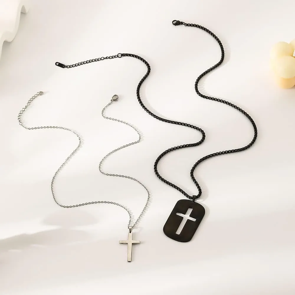 Cross Necklace For Couples Silver Black Stainless Steel Pendant Box Chain Goth Cool Big 2 Pack Couples Cross Necklace Matching Set For Him And Her Bf And Gf Best Friends Family