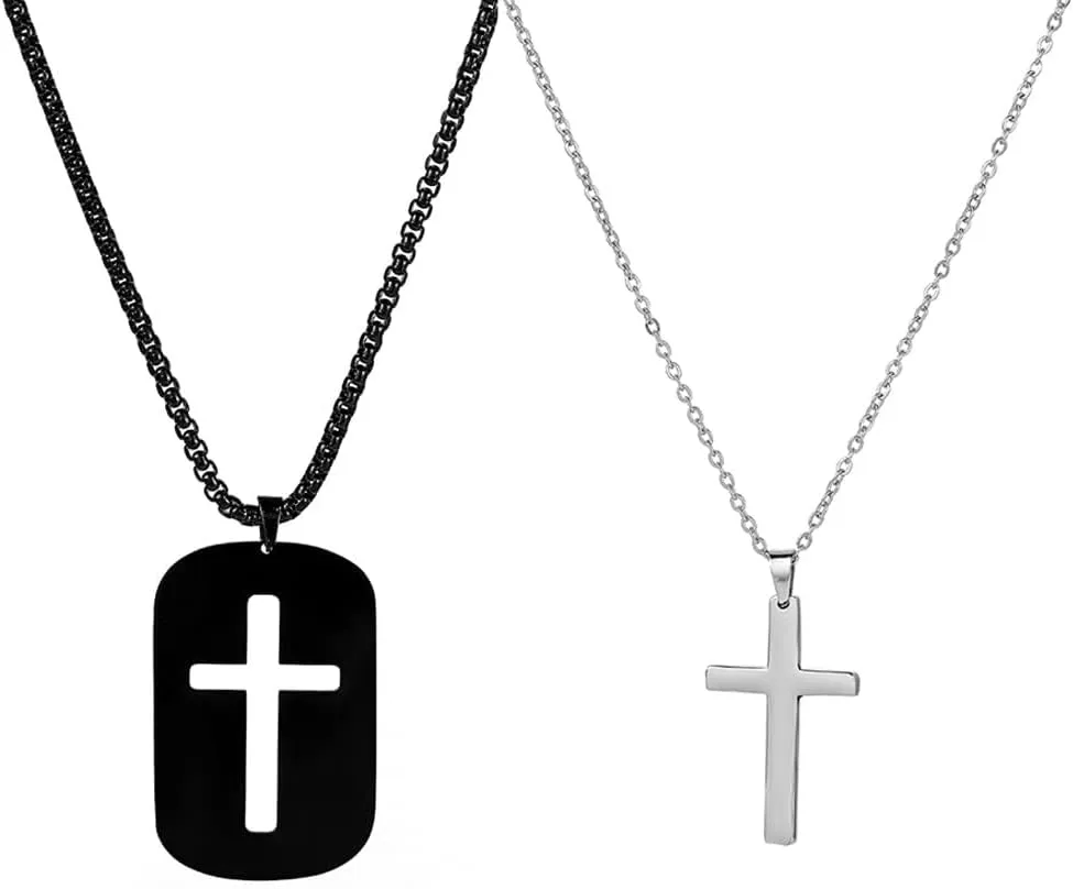Cross Necklace For Couples Silver Black Stainless Steel Pendant Box Chain Goth Cool Big 2 Pack Couples Cross Necklace Matching Set For Him And Her Bf And Gf Best Friends Family