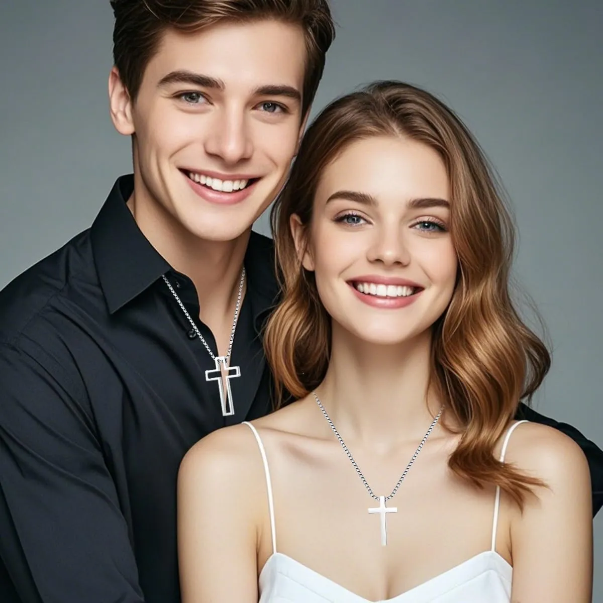 Cross Necklace For Couples Silver Black Stainless Steel Pendant Box Chain Goth Cool Big 2 Pack Couples Cross Necklace Matching Set For Him And Her Bf And Gf Best Friends Family