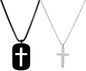 Cross Necklace For Couples Silver Black Stainless Steel Pendant Box Chain Goth Cool Big 2 Pack Couples Cross Necklace Matching Set For Him And Her Bf And Gf Best Friends Family