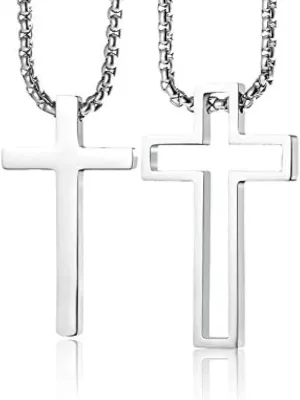 Cross Necklace For Couples Silver Black Stainless Steel Pendant Box Chain Goth Cool Big 2 Pack Couples Cross Necklace Matching Set For Him And Her Bf And Gf Best Friends Family