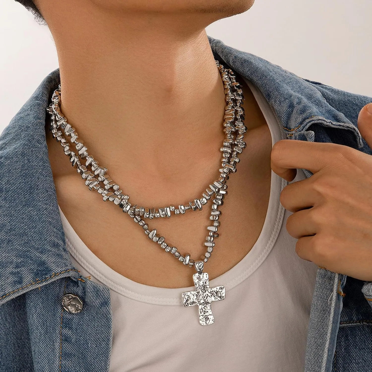 Cross Necklace for Men Chunky Cross Necklace Boho Cross Necklace Layered Cross Beaded Pendant Necklace Christian Gifts for Women Faith Jewelry