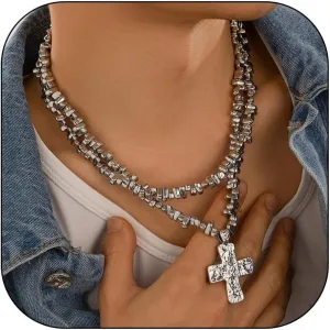 Cross Necklace for Men Chunky Cross Necklace Boho Cross Necklace Layered Cross Beaded Pendant Necklace Christian Gifts for Women Faith Jewelry