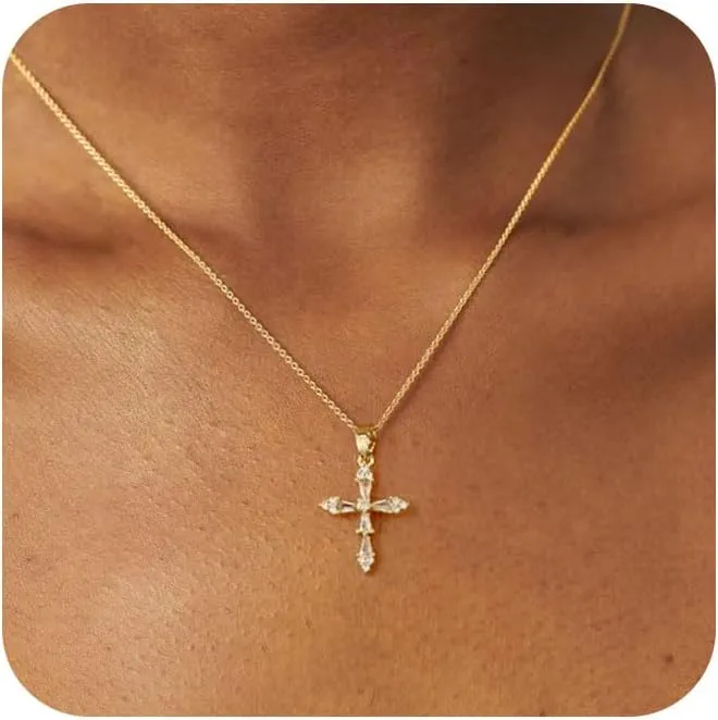 Cross Necklace for Women 14K Gold Plated Sideway Cross Choker Charm Necklace Faith Jewelry