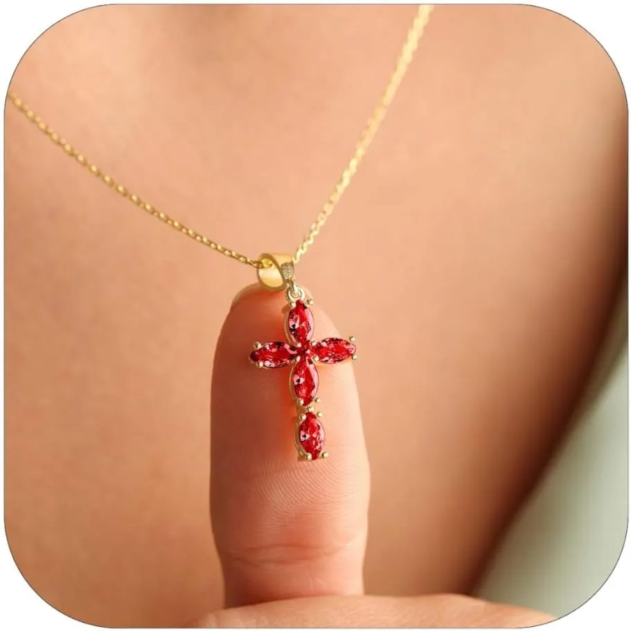 Cross Necklace for Women Dainty Gold Cross Birthstone Necklace 14K Gold Plated Cross Pendant Necklaces for Women Trendy Gold Jewelry Gifts