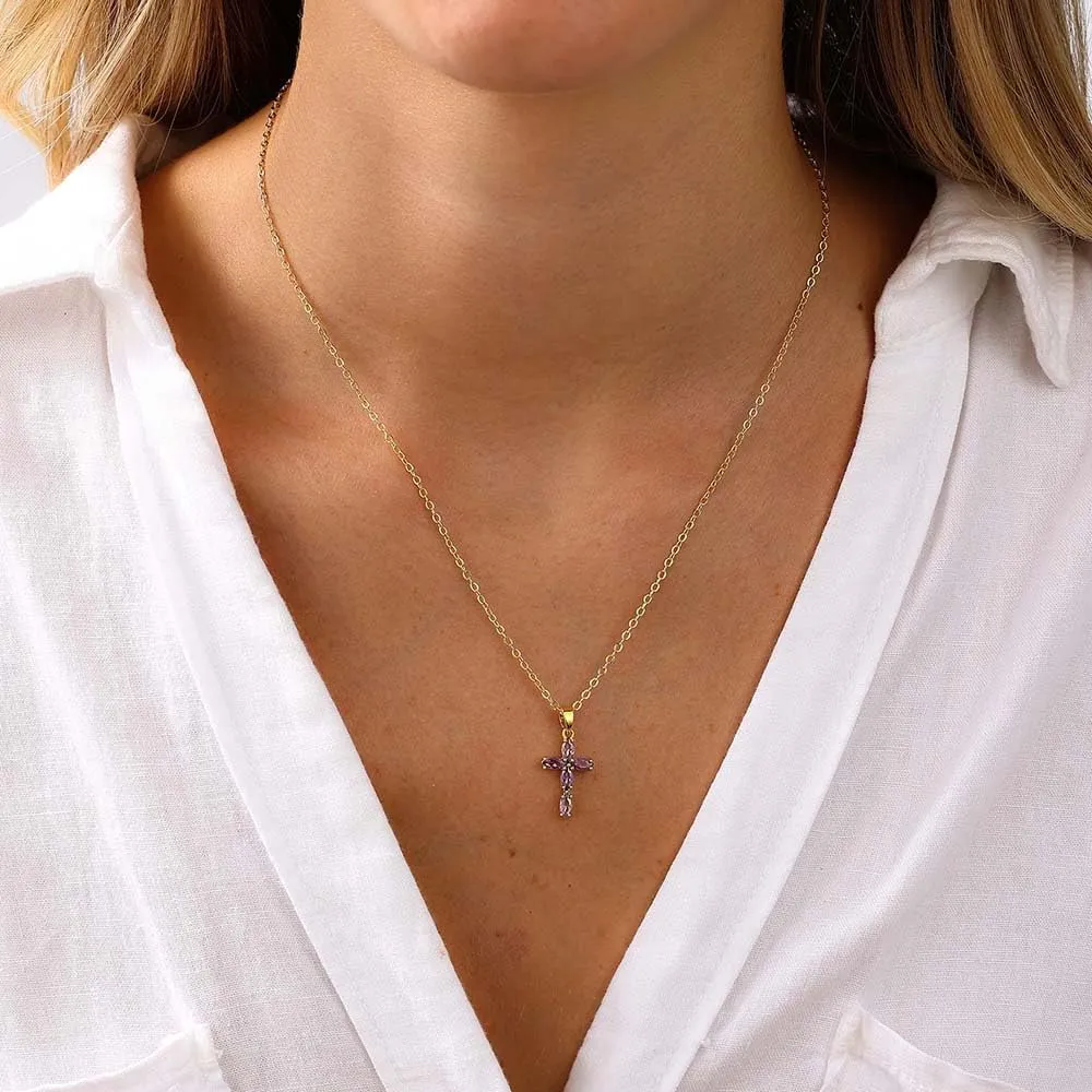 Cross Necklace for Women Dainty Gold Cross Birthstone Necklace 14K Gold Plated Cross Pendant Necklaces for Women Trendy Gold Jewelry Gifts