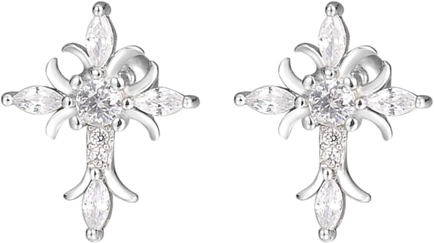 Cross Stud Earrings | S925 Sterling Silver Dainty Small Tiny Religious Cross with Round Marquise Clear AAAAA Cubic Zirconia Floral Design, Hyoiakkergenic Screw Back Stud Earrings