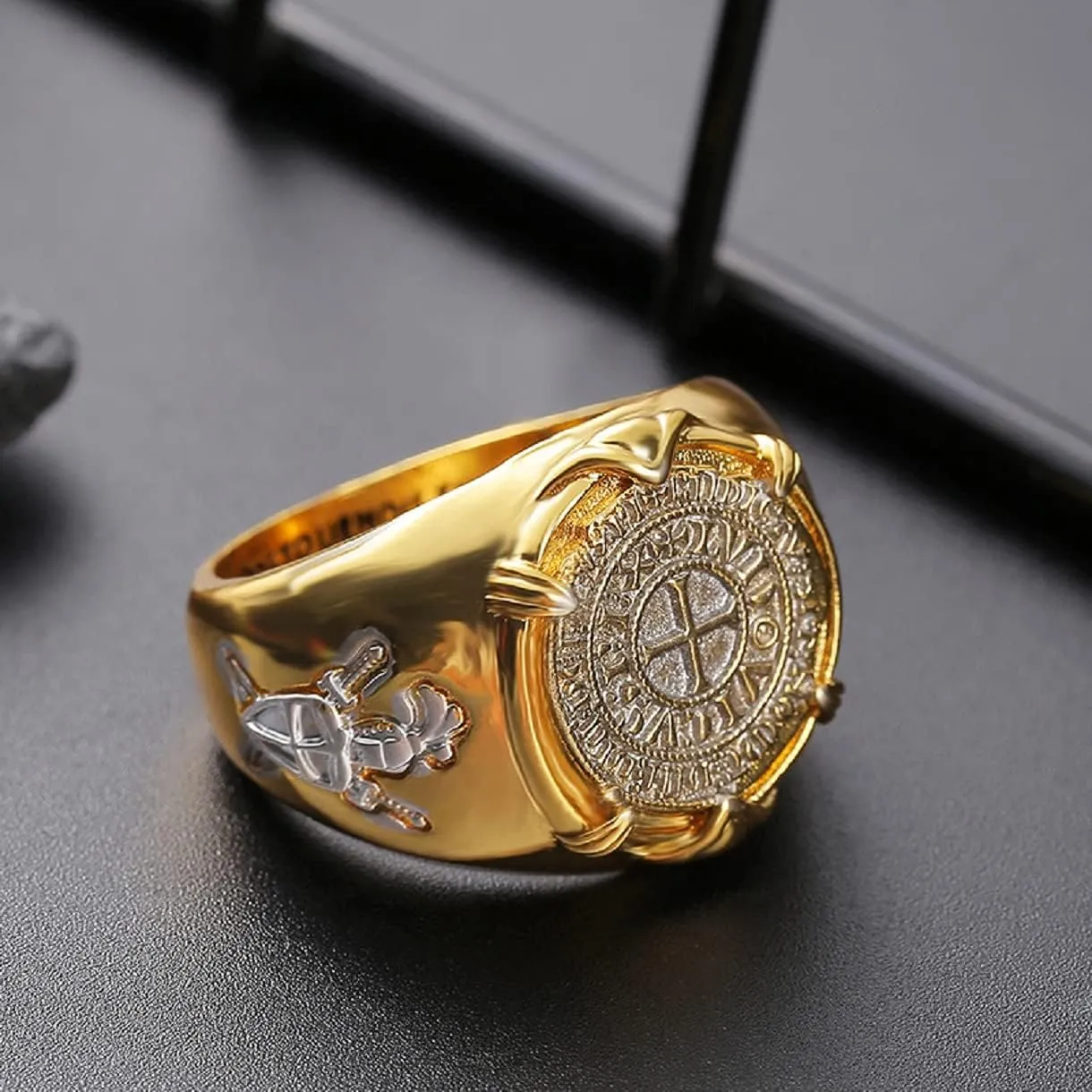 Crusader Knight Templar Ring - Medieval Viking Cross Catholic Gold Cross Ring for Men