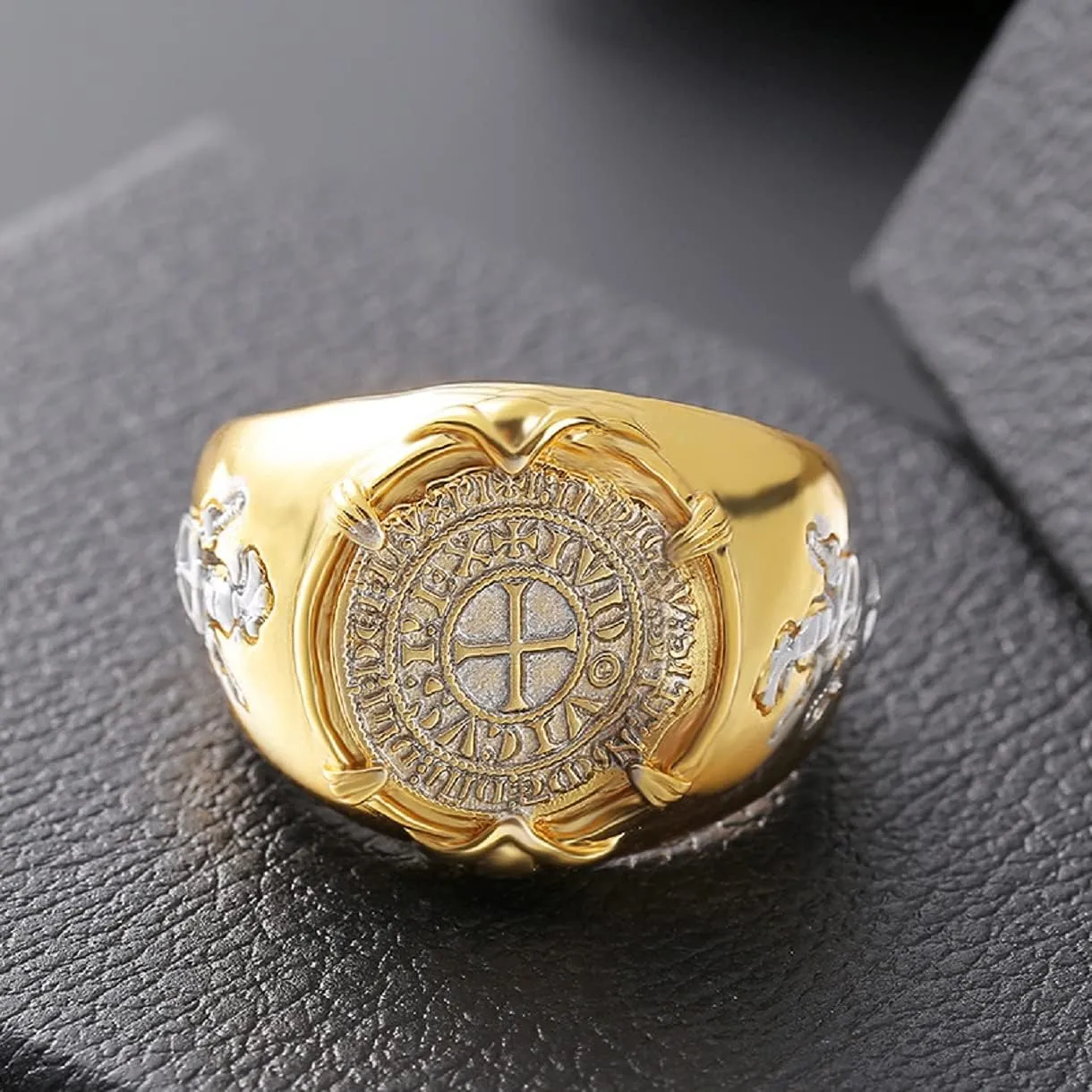 Crusader Knight Templar Ring - Medieval Viking Cross Catholic Gold Cross Ring for Men