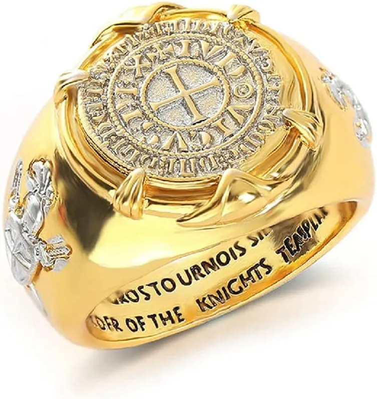 Crusader Knight Templar Ring - Medieval Viking Cross Catholic Gold Cross Ring for Men