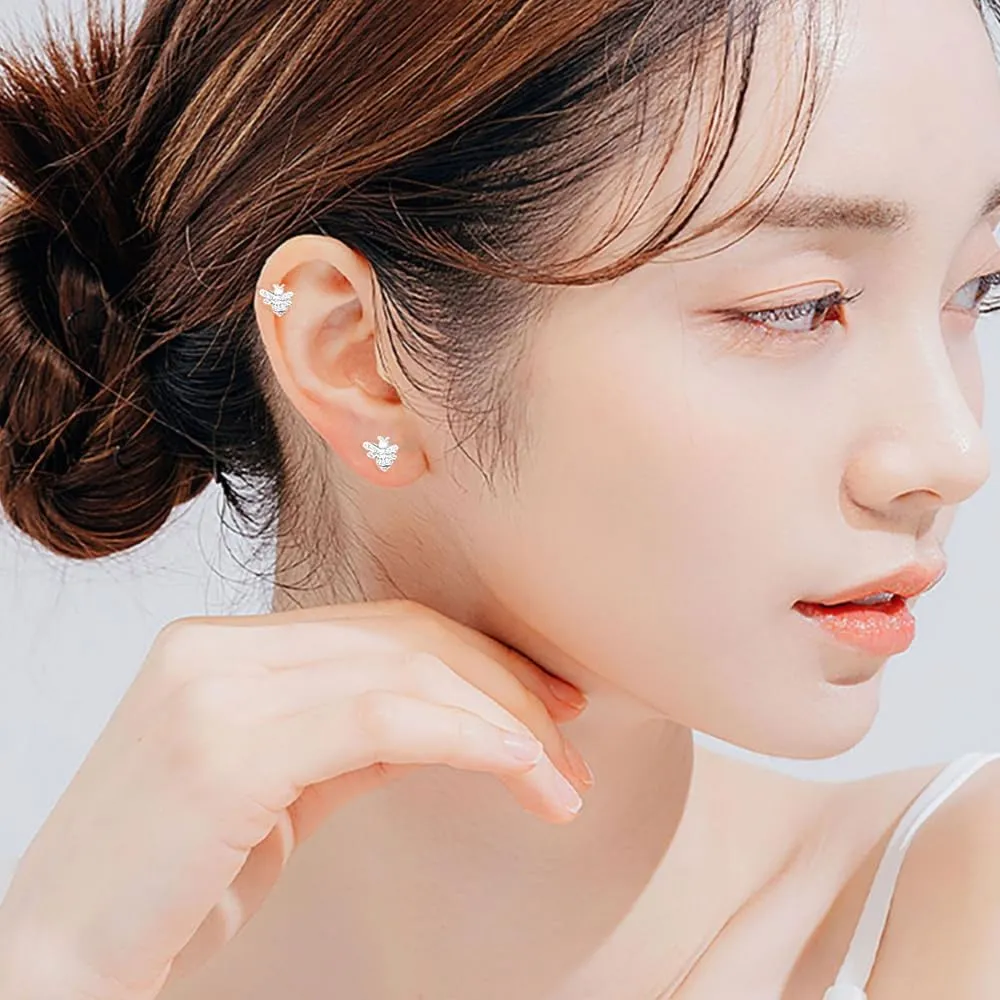 Crystal Bee Stud Earrings for Women Girls S925 Sterling Silver Cubic Zirconia Delicate Cute Animal Honeybee Small Studs Hypoallergenic Gift Jewelry