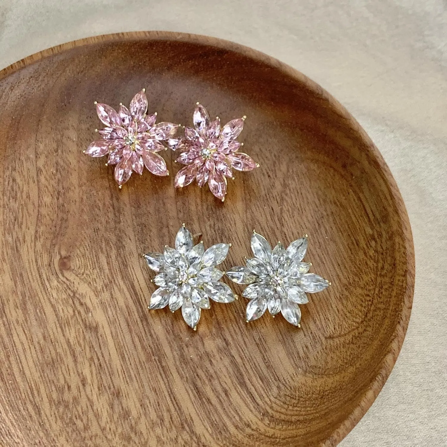 Crystal Flower Stud Earrings for Women - Light Blue Pink Black White Rhinestone Earrings with 925 Silver Posts, Multicolor Gemstone Jewelry Gift for Women