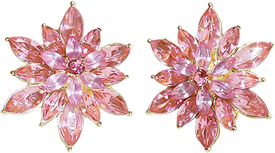 Crystal Flower Stud Earrings for Women - Light Blue Pink Black White Rhinestone Earrings with 925 Silver Posts, Multicolor Gemstone Jewelry Gift for Women