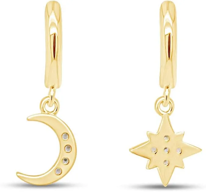 Cubic Zirconia Moon Star Dangle Dainty Tiny Hoop Earrings In 14k Gold Plated 925 Sterling Silver|Minimalist, Delicate Jewelry For Birthday Womens
