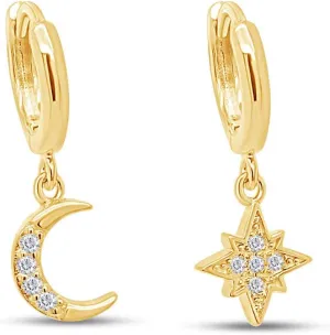 Cubic Zirconia Moon Star Dangle Dainty Tiny Hoop Earrings In 14k Gold Plated 925 Sterling Silver|Minimalist, Delicate Jewelry For Birthday Womens