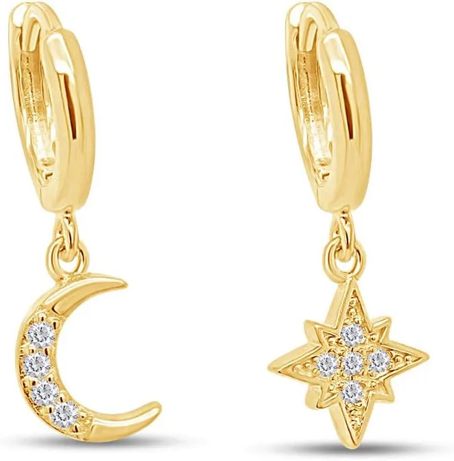 Cubic Zirconia Moon Star Dangle Dainty Tiny Hoop Earrings In 14k Gold Plated 925 Sterling Silver|Minimalist, Delicate Jewelry For Birthday Womens