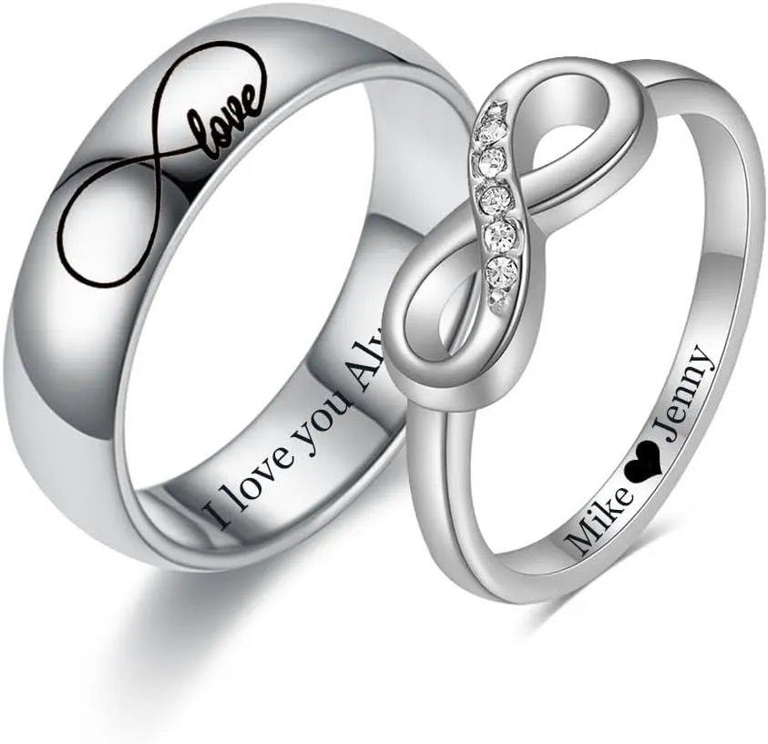 Custom Engraved Couple Rings Set Promise Rings for Him and Her Matching Infinity Wedding Rings for Men and Women CZ Engagement Rings 8mm Tungsten Carbide Wedding Band Ring Gold