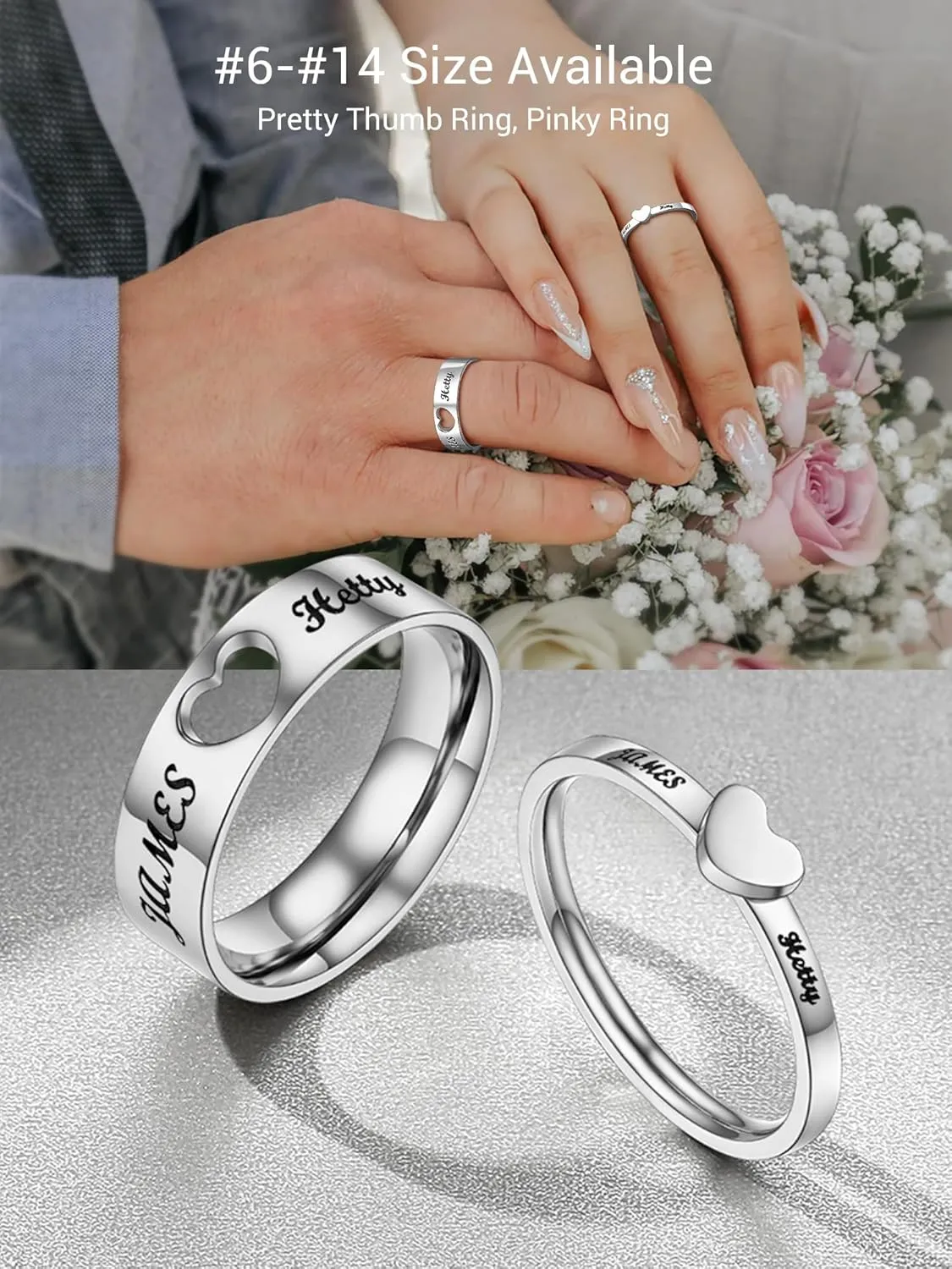 Custom Promise Rings for Couple, Gold Plated/Black Plated with 316L Stainless Steel Matching Rings, Engagement Wedding Bands for Him and Her, Come with Box