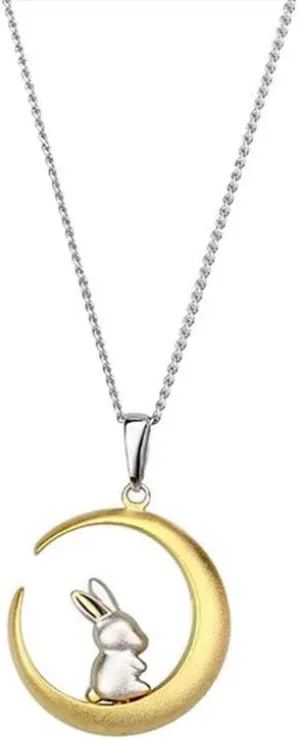 Cute Bunny Rabbit On The Moon Pendant Necklace for Women Teen Girls S925 Sterling Silver Hypoallergenic Dainty Tiny Crescent Choker 18" Chain Collar Delicate Animal Jewelry Gifts Box for Daughter