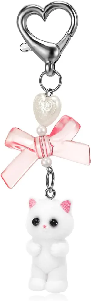Cute Cat Keychain, Cute Silver Keychain, Popular Delicate and Cute Cat Keychains with Bow Decor, Fuzzy Kitty Cat Decor Gifts for Cat Lovers, Y2K Heart Bow Pendant, Aesthetic Y2K Keychain Accessories