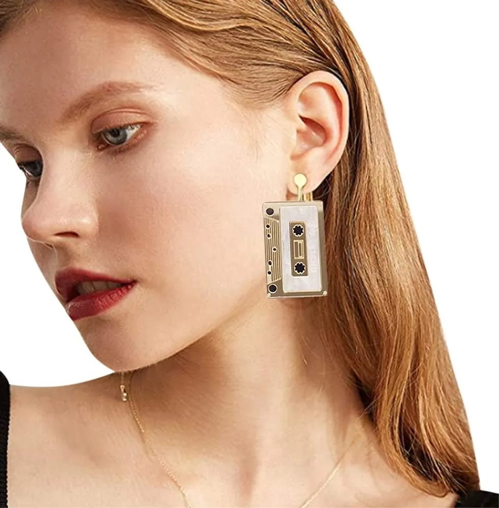 CutieJewelry Womens Cassette 80s Retro Novelty Jewelry Creative Unique Statement Funny Drop Dangle Earrings Clip Ons
