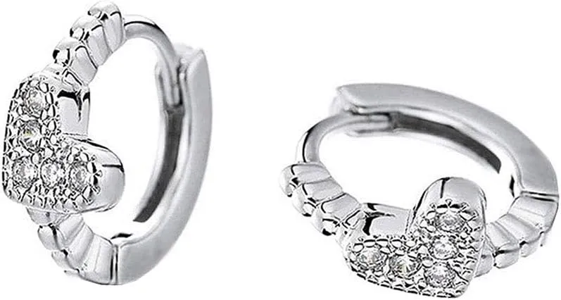 CZ Sideways Heart 925 Sterling Silver Cartilage Small Hoop Earrings for Women Cubic Zirconia Tiny Love Beaded Huggie Hoops Hypoallergenic Earring Delicate Birthday Holiday Easter Gift 8mm