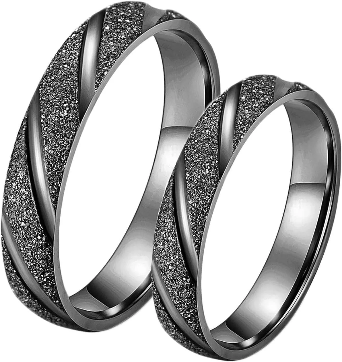 Daesar Matching Rings for Couples, Wedding Ring for Women and Men Stainless Steel Matte Round 4MM with Stripes Groove Black