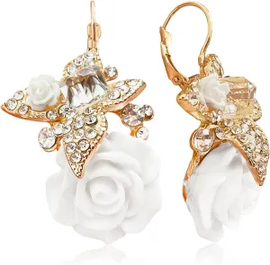 Dainty Bohemian Creative Alloy Rhinestone Resin Rose Flower Butterfly Dangle Drop Earrings Unique Butterfly Flower Three-Dimensional Lever Earrings for Women Wedding Jewelry Gifts