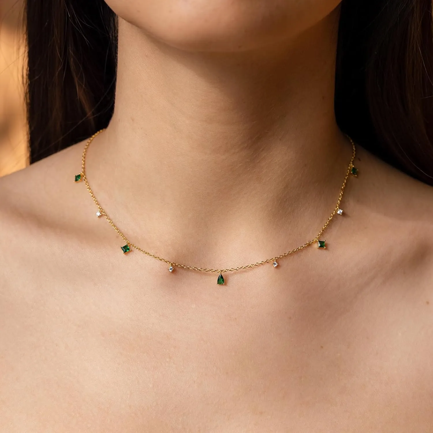 Dainty Gold Necklace for Women, Gold Plated Cubic Zirconia Drop Satellite Chain Necklace Jewelry for Women