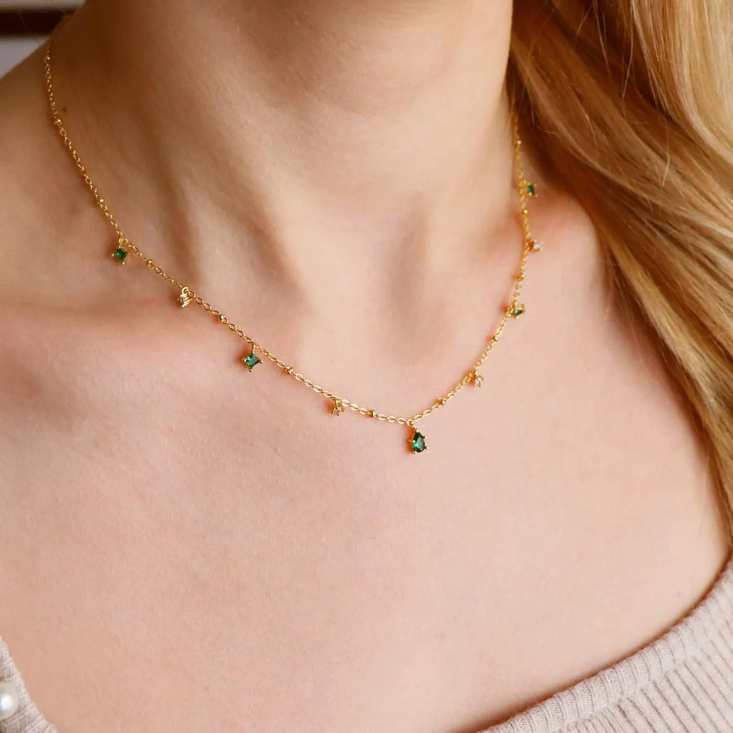 Dainty Gold Necklace for Women, Gold Plated Cubic Zirconia Drop Satellite Chain Necklace Jewelry for Women
