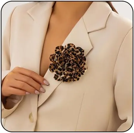 Dainty Leopard Print Flower Brooch - Large Lapel Pin, Delicate Elegant Handmade Satin Fabric Brooch for Women Wedding Party Dance Clothes Accessories
