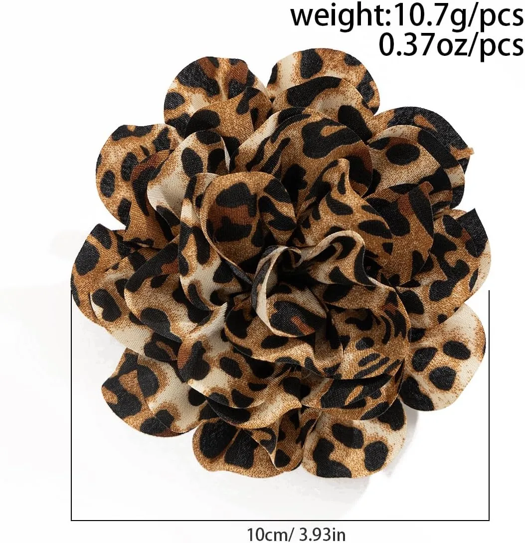 Dainty Leopard Print Flower Brooch - Large Lapel Pin, Delicate Elegant Handmade Satin Fabric Brooch for Women Wedding Party Dance Clothes Accessories