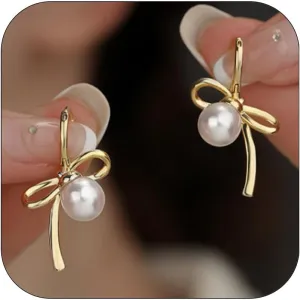 Dainty Pearls Bowknot Drop Earrings, Sweet 14K Gold Bow Ribbon Statement Earrings Trendy Silver Bow Knot Pearls Dangle Earrrings Gifts for Women