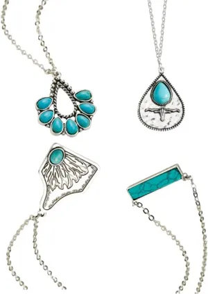 DATOA 4Pcs Vintage Turquoise Pendant Necklace Boho Bar Flower Bull Head Shaped Necklace Ethnic Style Jewelry