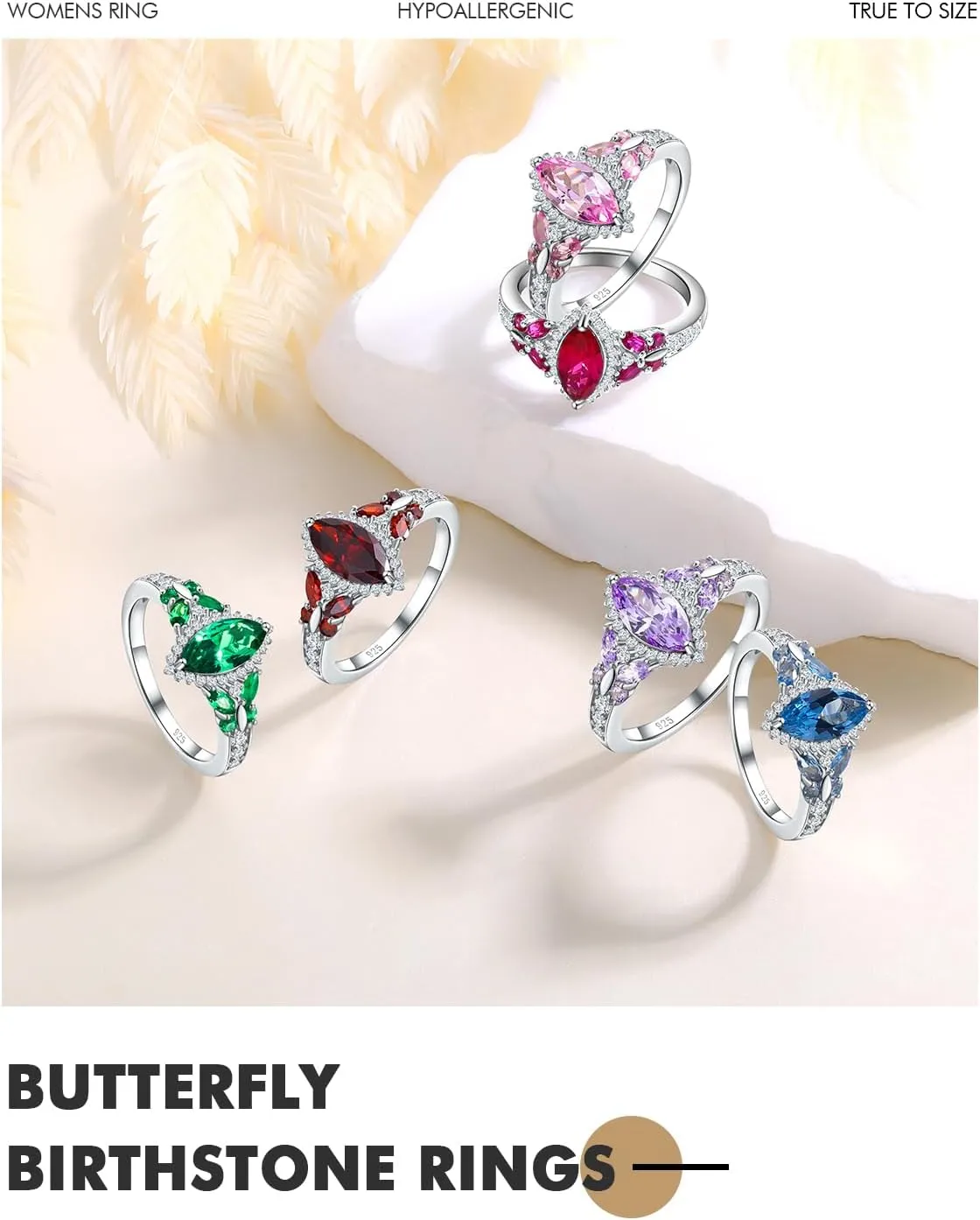 DAYBYDAY Butterfly Birthstone Rings for Women, 925 Sterling Silver Created Gemstone 5A Cubic Zirconia Cushion/Marquise Engagement Ring, 2ct Halo Promise Rings for Her Anniversary Wedding Jewerly