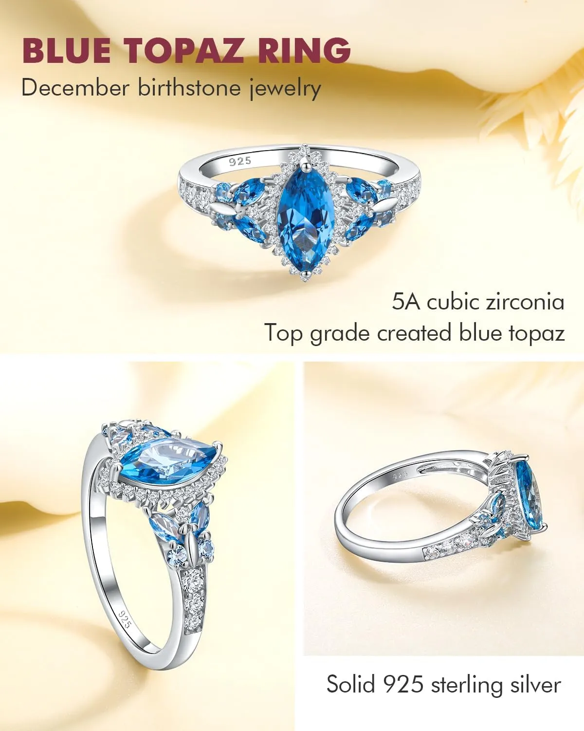 DAYBYDAY Butterfly Birthstone Rings for Women, 925 Sterling Silver Created Gemstone 5A Cubic Zirconia Cushion/Marquise Engagement Ring, 2ct Halo Promise Rings for Her Anniversary Wedding Jewerly