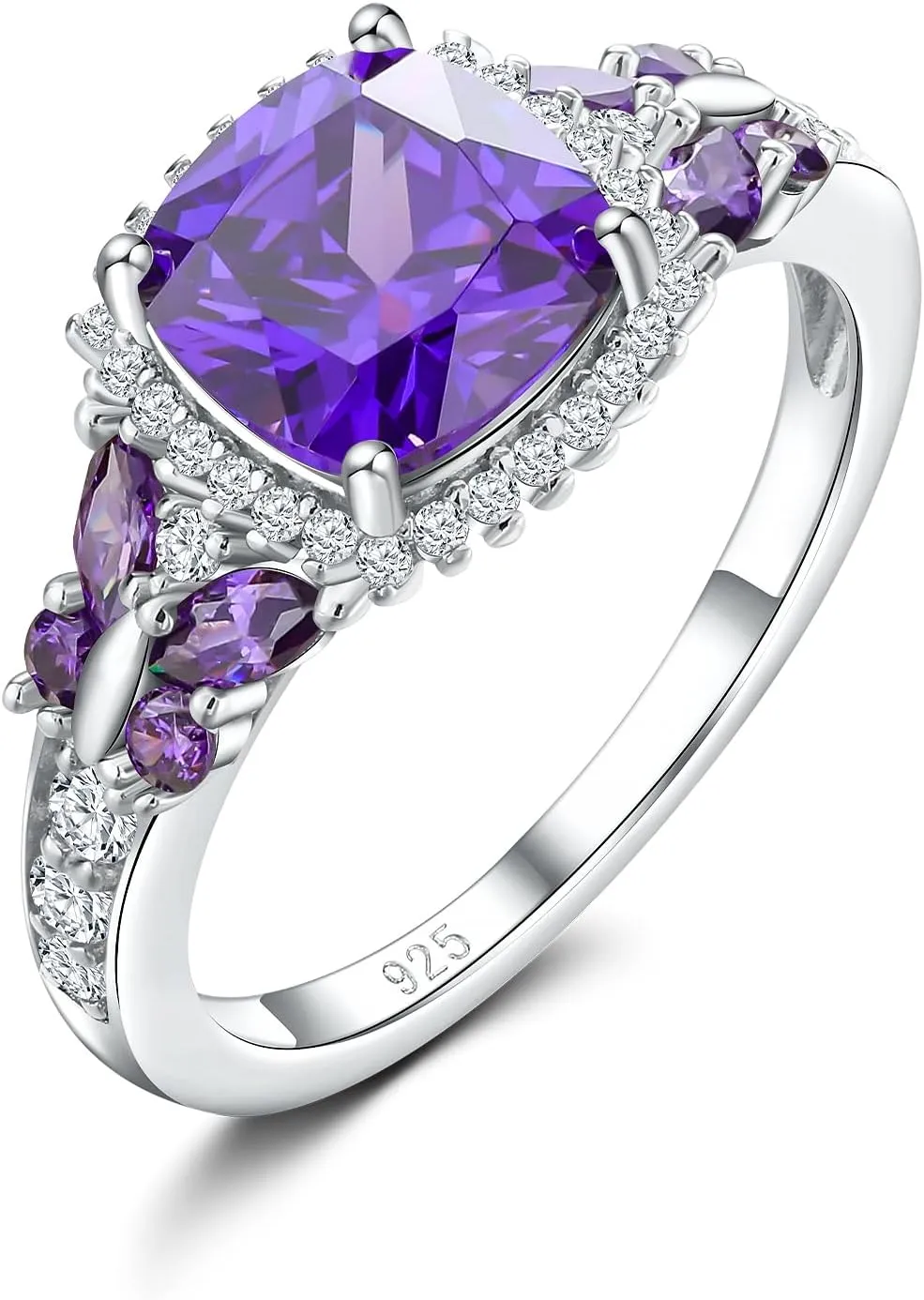 DAYBYDAY Butterfly Birthstone Rings for Women, 925 Sterling Silver Created Gemstone 5A Cubic Zirconia Cushion/Marquise Engagement Ring, 2ct Halo Promise Rings for Her Anniversary Wedding Jewerly